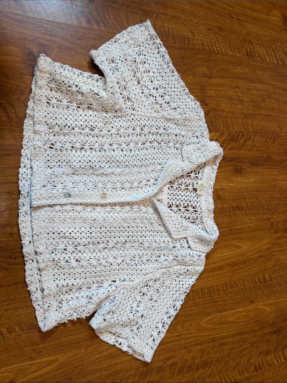 Crochet Open-Knit Short Sleeve Cardigan - Off white